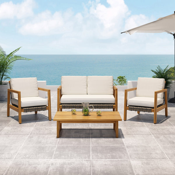 Gdf Studio Kedan Outdoor 4 Seater Acacia Wood Chat Set With Wicker Accents