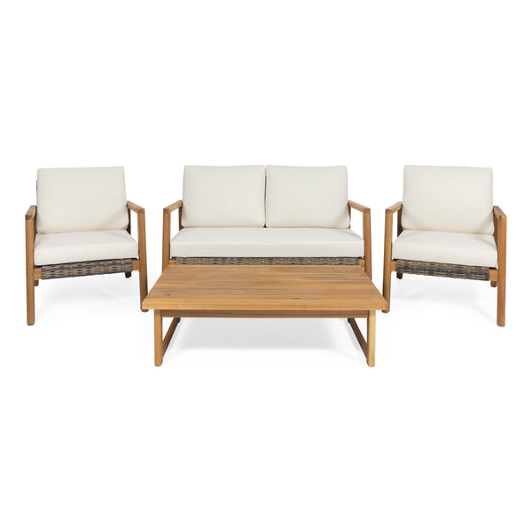 gdf studio Kedan Outdoor 4 Seater Acacia Wood Chat Set with Wicker Accents