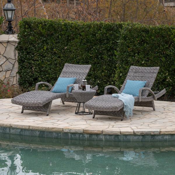 Gdf Studio Keira Outdoor 3 Piece Gray Wicker Armed Chaise Lounges With Side Table