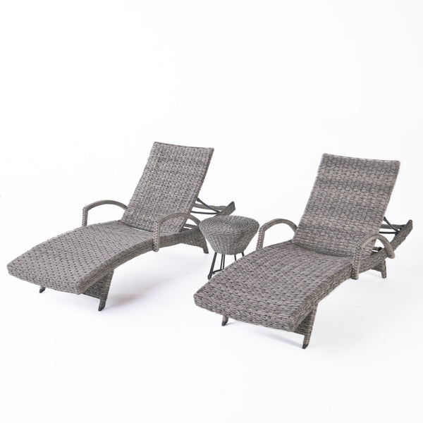 gdf studio Keira Outdoor 3 Piece Gray Wicker Armed Chaise Lounges with Side Table