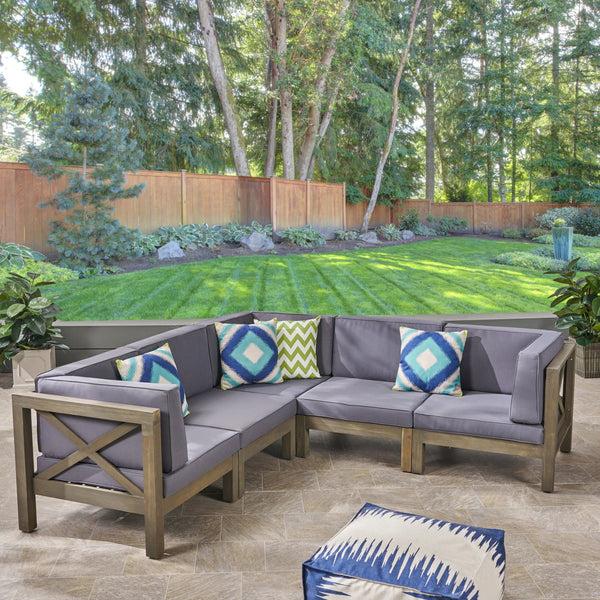 Gdf Studio Keith Outdoor Acacia Wood 5 Seater Sectional Sofa Set With Water-Resistant Cushions