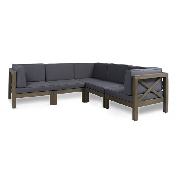gdf studio Keith Outdoor Acacia Wood 5 Seater Sectional Sofa Set with Water-Resistant Cushions