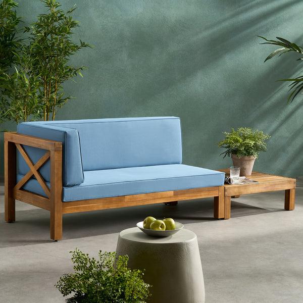 gdf studio Keith Outdoor Acacia Wood Left Arm Loveseat and Coffee Table Set with Cushion