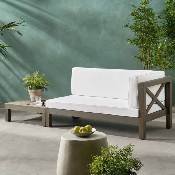 Gdf Studio Keith Outdoor Acacia Wood Right Arm Loveseat And Coffee Table Set With Cushion