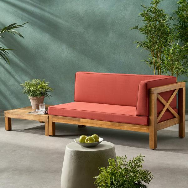gdf studio Keith Outdoor Acacia Wood Right Arm Loveseat and Coffee Table Set with Cushion