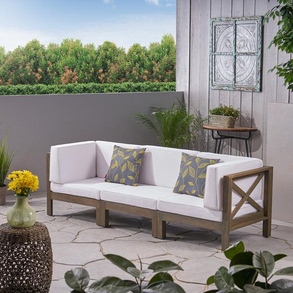 Gdf Studio Keith Outdoor Sectional Sofa Set 3-Seater Acacia Wood Water-Resistant Cushions