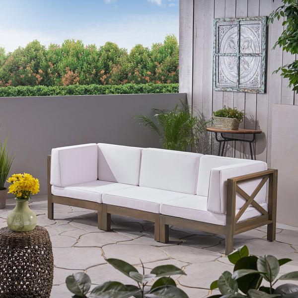 Gdf Studio Keith Outdoor Sectional Sofa Set 3-Seater Acacia Wood Water-Resistant Cushions