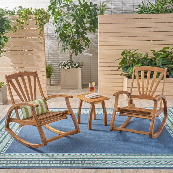 gdf studio Kelsey Outdoor Rustic Acacia Wood Recliner Rocking Chair with Side Table