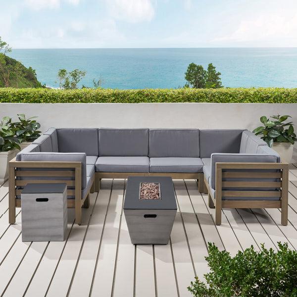 Gdf Studio Kendry Outdoor Modern 8 Seater Acacia Wood Sectional Sofa Set With Fire Pit And Tank Holder
