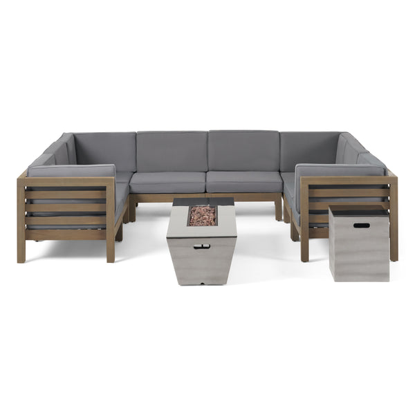 gdf studio Kendry Outdoor Modern 8 Seater Acacia Wood Sectional Sofa Set with Fire Pit and Tank Holder