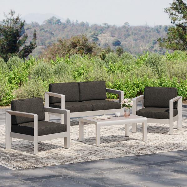 Gdf Studio Kenia Outdoor 4-Seater Aluminum Chat Set With Tempered Glass-Topped Coffee Table Silver And Gray
