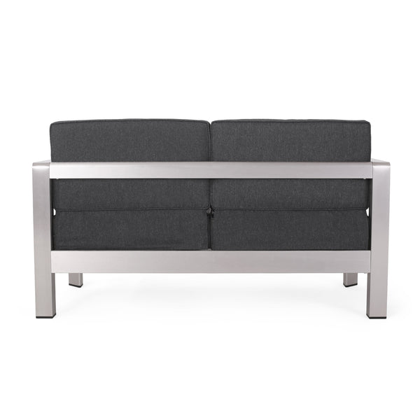 Gdf Studio Kenia Outdoor 4-Seater Aluminum Chat Set With Tempered Glass-Topped Coffee Table Silver And Gray