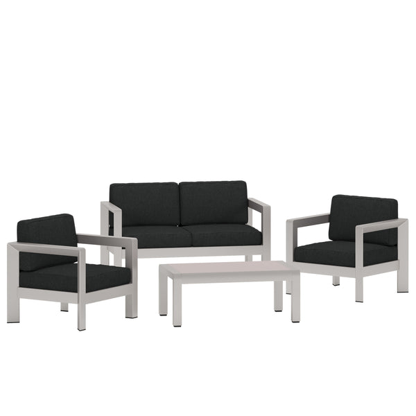 gdf studio Kenia Outdoor 4-Seater Aluminum Chat Set with Tempered Glass-Topped Coffee Table Silver and Gray