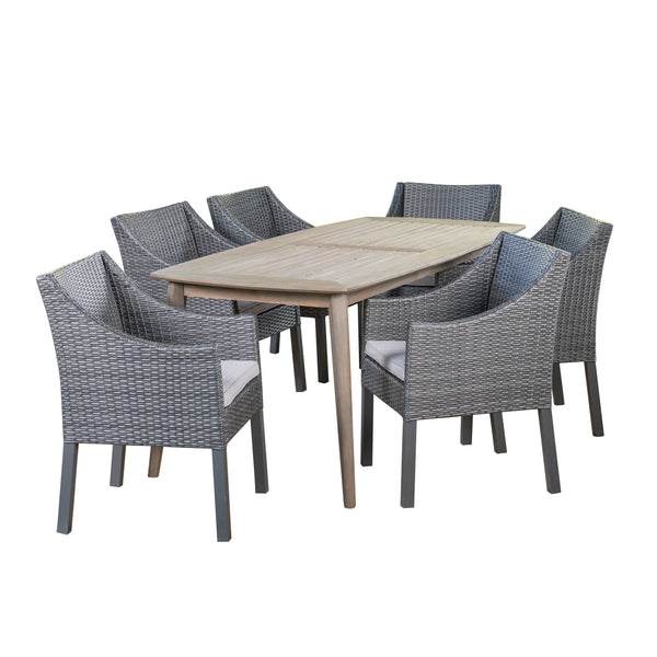 Gdf Studio Kerk Outdoor 7 Piece Wood And Wicker Dining Set Gray And Gray