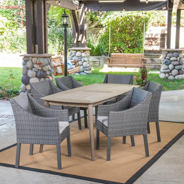 gdf studio Kerk Outdoor 7 Piece Wood and Wicker Dining Set Gray and Gray