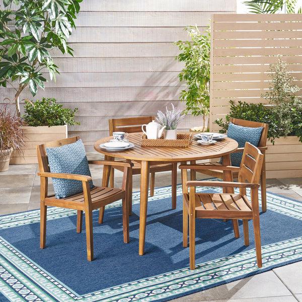 Gdf Studio Keth Outdoor 5 Piece Teak Acacia Wood Slatted Dining Set With Circular Table