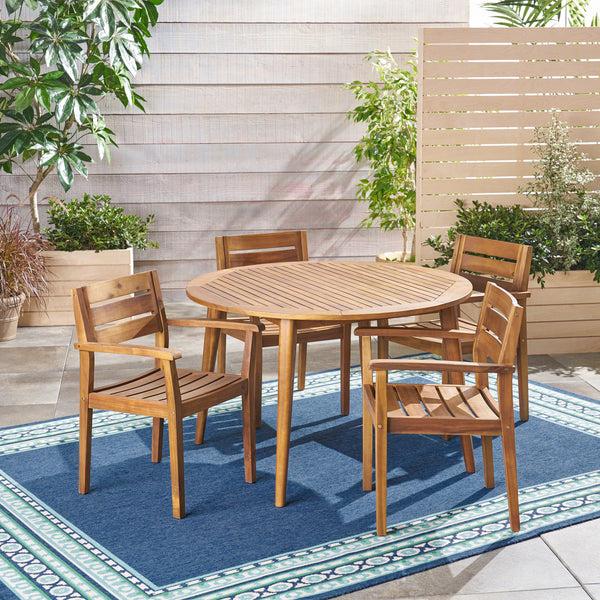 Gdf Studio Keth Outdoor 5 Piece Teak Acacia Wood Slatted Dining Set With Circular Table