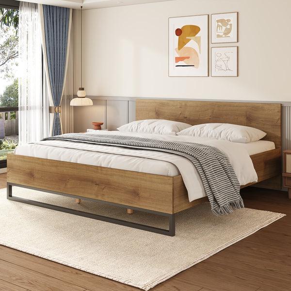 Gdf Studio Ketura Two-Tone Aesthetic Engineered Wood Bed Frame In Natural Wood Grain And Matte Black Metal Leg