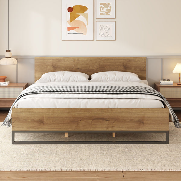 gdf studio Ketura Two-Tone Aesthetic Engineered Wood Bed Frame in Natural Wood Grain and Matte Black Metal Leg
