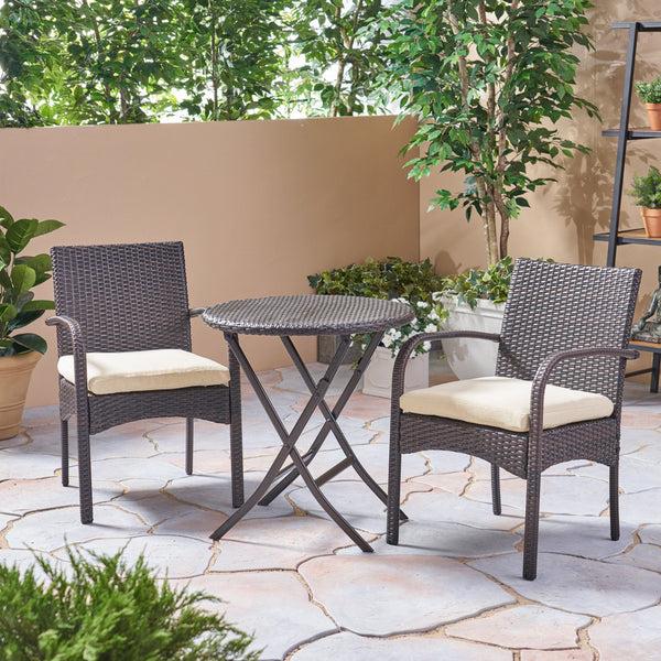 Gdf Studio Kevin Outdoor 3 Piece Wicker Bistro Set Multi Brown With Cream Cushion