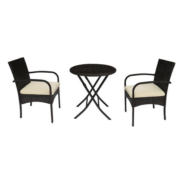gdf studio Kevin Outdoor 3 Piece Wicker Bistro Set Multi Brown with Cream Cushion