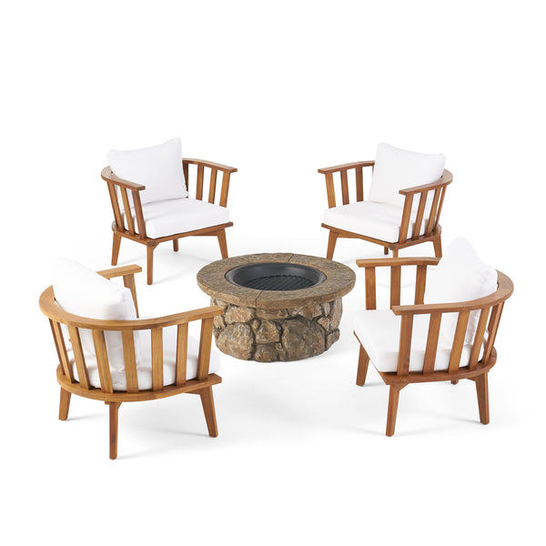 Gdf Studio Khalel Outdoor Acacia Wood 4 Seater Club Chairs And Fire Pit Set
