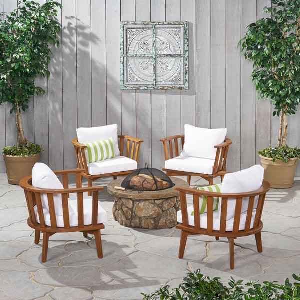 gdf studio Khalel Outdoor Acacia Wood 4 Seater Club Chairs and Fire Pit Set