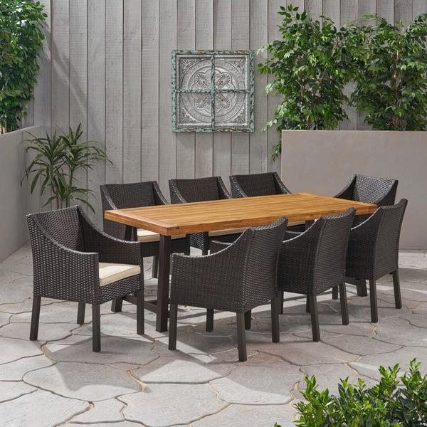 Gdf Studio Khari Outdoor Wood And Wicker 8 Seater Dining Set