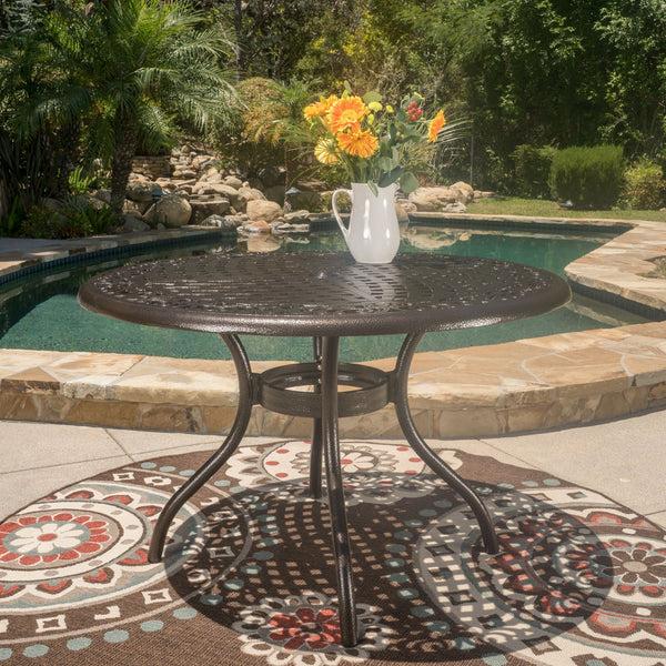 Gdf Studio Kiawah Outdoor Circular Bronze Cast Aluminum Dining Table With Umbrella Hole
