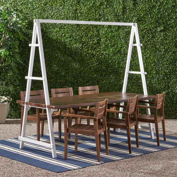 Gdf Studio Kinley Outdoor Modern 6 Seater Acacia Wood And Iron Planter Dining Set