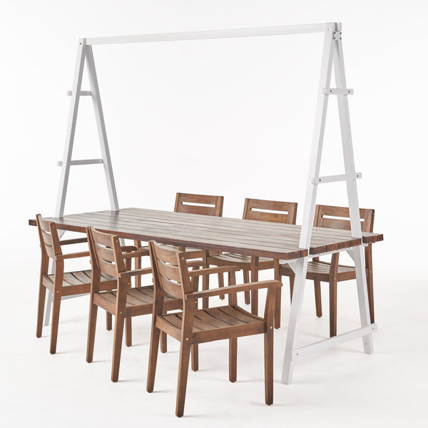 gdf studio Kinley Outdoor Modern 6 Seater Acacia Wood and Iron Planter Dining Set