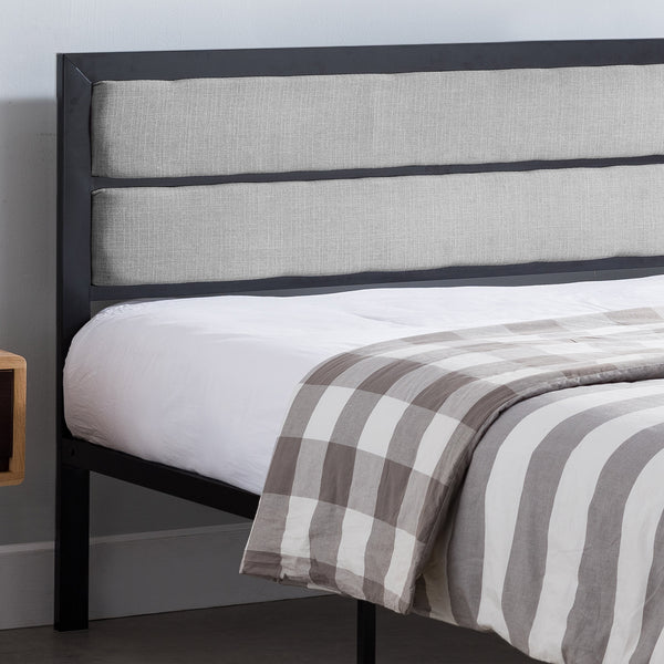 Gdf Studio Kiran Minimalistic Modern Iron Queen Bed Frame With Fabric Upholstered Headboard