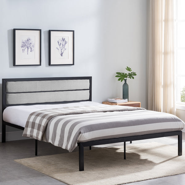 Gdf Studio Kiran Minimalistic Modern Iron Queen Bed Frame With Fabric Upholstered Headboard
