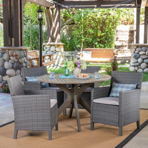 gdf studio Kirby Outdoor 5 Piece Wood and Wicker Dining Set Gray and Gray