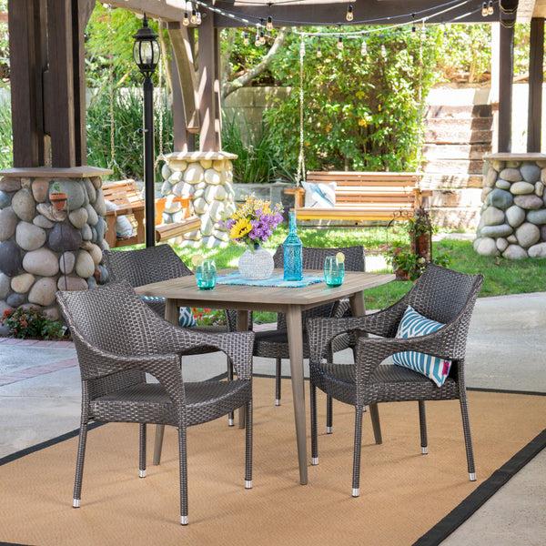 gdf studio Kirk Outdoor 5 Piece Wood and Wicker Dining Set Gray and Gray