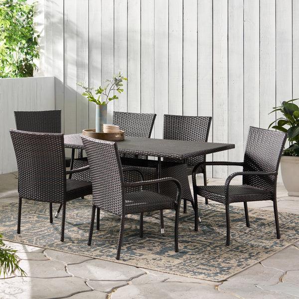 Gdf Studio Kory Outdoor 7-Piece Multi-Brown Wicker Dining Set With Umbrella Hole