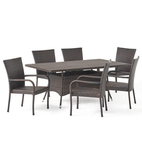 gdf studio Kory Outdoor 7-Piece Multi-Brown Wicker Dining Set with Umbrella Hole