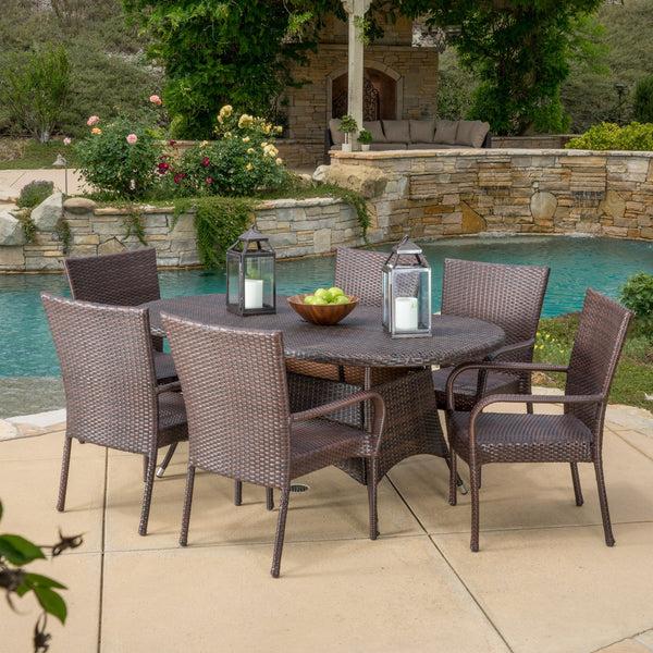 Gdf Studio Kory Outdoor 7pc Multibrown Wicker Round Dining Set