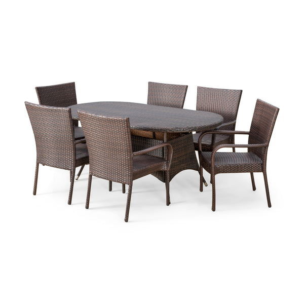 gdf studio Kory Outdoor 7pc Multibrown Wicker Round Dining Set