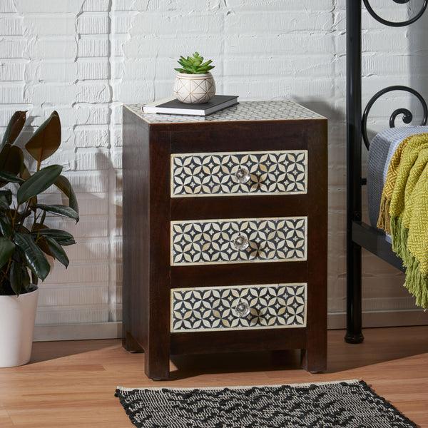 Gdf Studio Kuna Handcrafted Boho 3 Drawer Mango Wood Nightstand