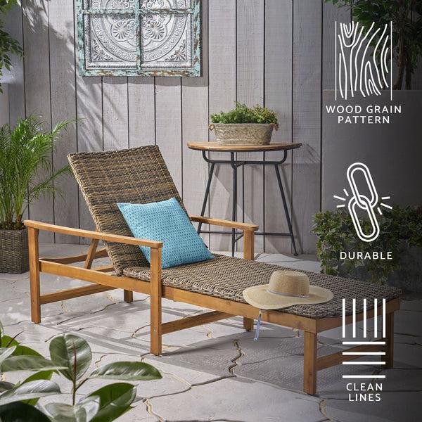 Gdf Studio Kyle Outdoor Rustic Acacia Wood Chaise Lounge With Wicker Seating