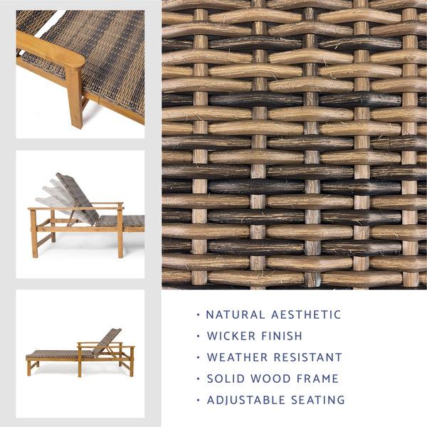 Gdf Studio Kyle Outdoor Rustic Acacia Wood Chaise Lounge With Wicker Seating