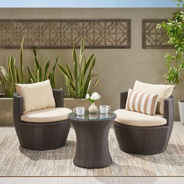 Gdf Studio Kyoto Outdoor Round 3-Piece Brown Wicker Chat Set With Beige Cushions