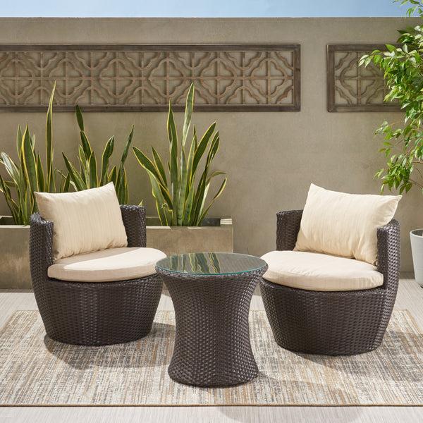 Gdf Studio Kyoto Outdoor Round 3-Piece Brown Wicker Chat Set With Beige Cushions