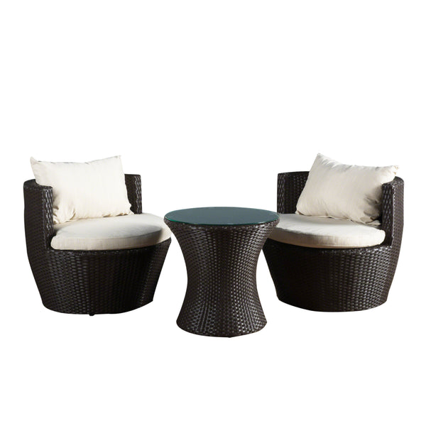 gdf studio Kyoto Outdoor Round 3-Piece Brown Wicker Chat Set with Beige Cushions