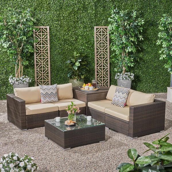 Gdf Studio Kyra Outdoor 4 Seater Wicker Sofa Set With Storage Ottoman And Sunbrella Cushions