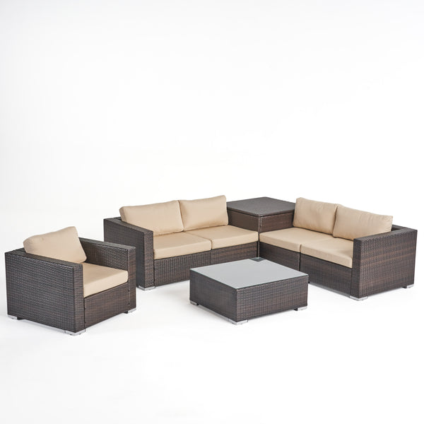 gdf studio Kyra Outdoor 5 Seater Wicker Sectional Sofa Set with Storage Ottoman and Sunbrella Cushions