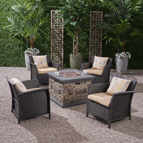 Gdf Studio Laiah Outdoor 4 Piece Wicker Club Chair Chat Set With Fire Pit