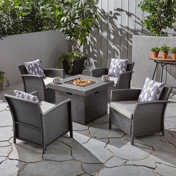 Gdf Studio Laiah Outdoor 4 Piece Wicker Club Chair Chat Set With Wood Finished Fire Pit