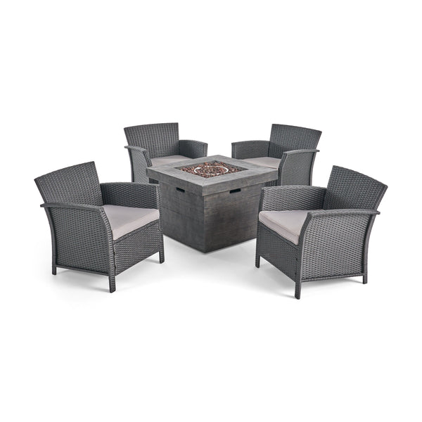gdf studio Laiah Outdoor 4 Piece Wicker Club Chair Chat Set with Wood Finished Fire Pit